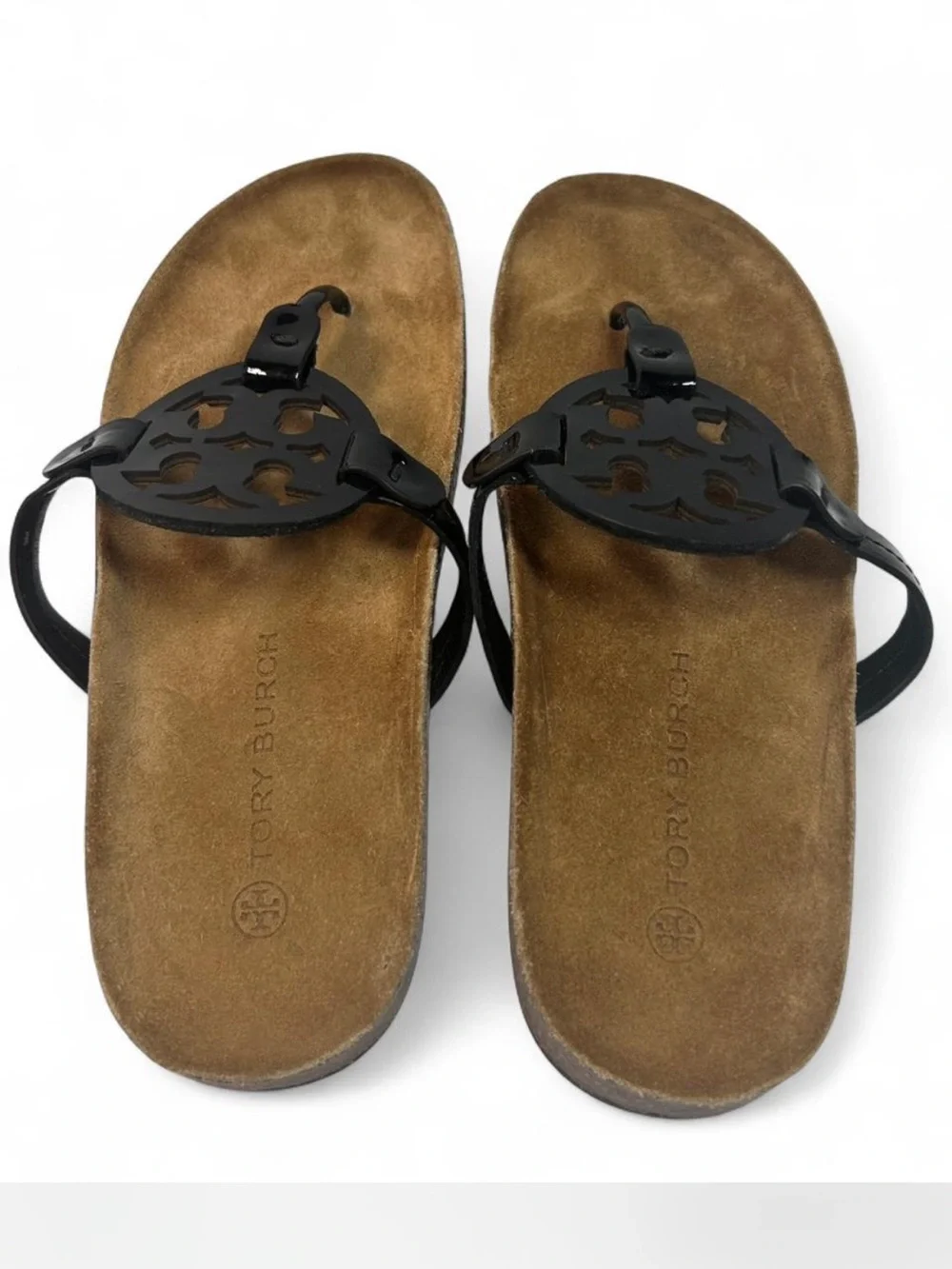 Tory Burch Miller Cloud Sandal in the Perfect Black / Natural colorway. Sz 9